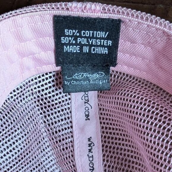 Don Ed Hardy Rhinestone Mesh Hot Pink Hat - Heart & Skull 2000s Y2K Vintage - Picture 2 of 8